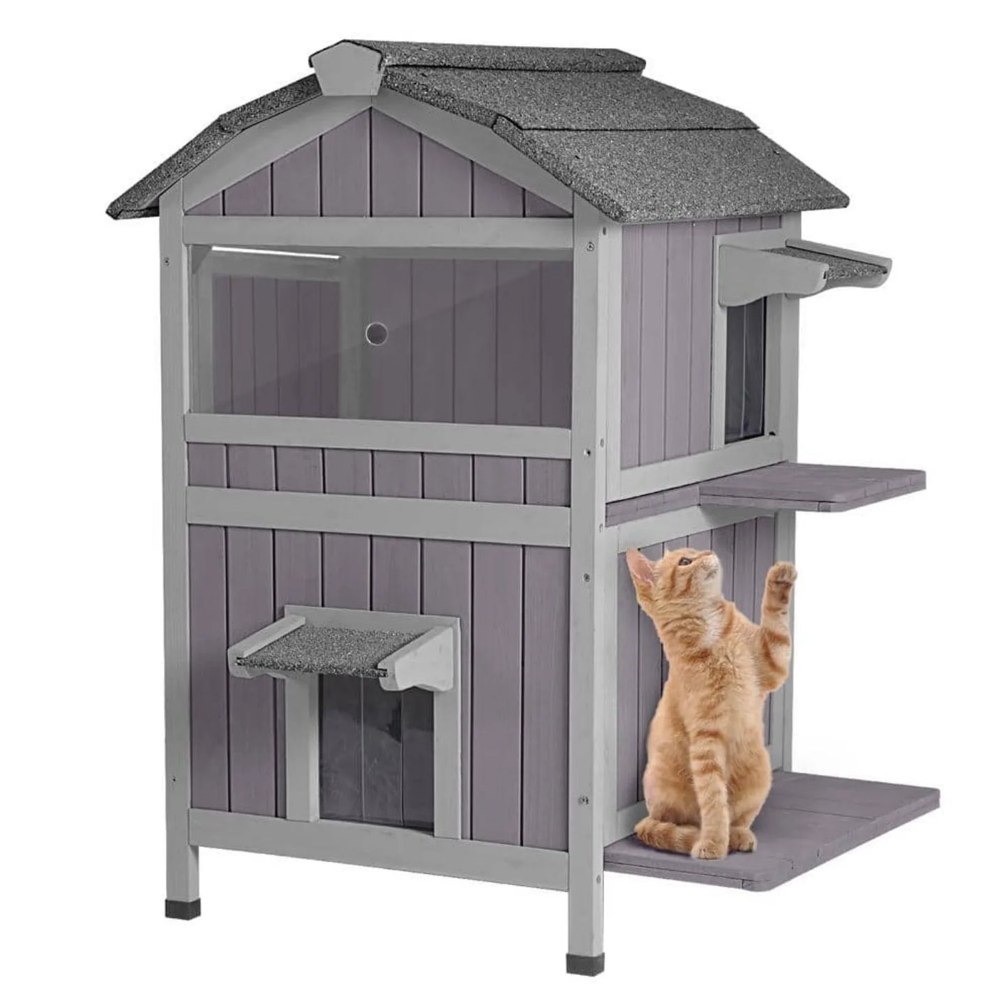 US Outdoor Cat House with 2-Levels, Waterproof Roof, Escape Doors and Ledge Seating