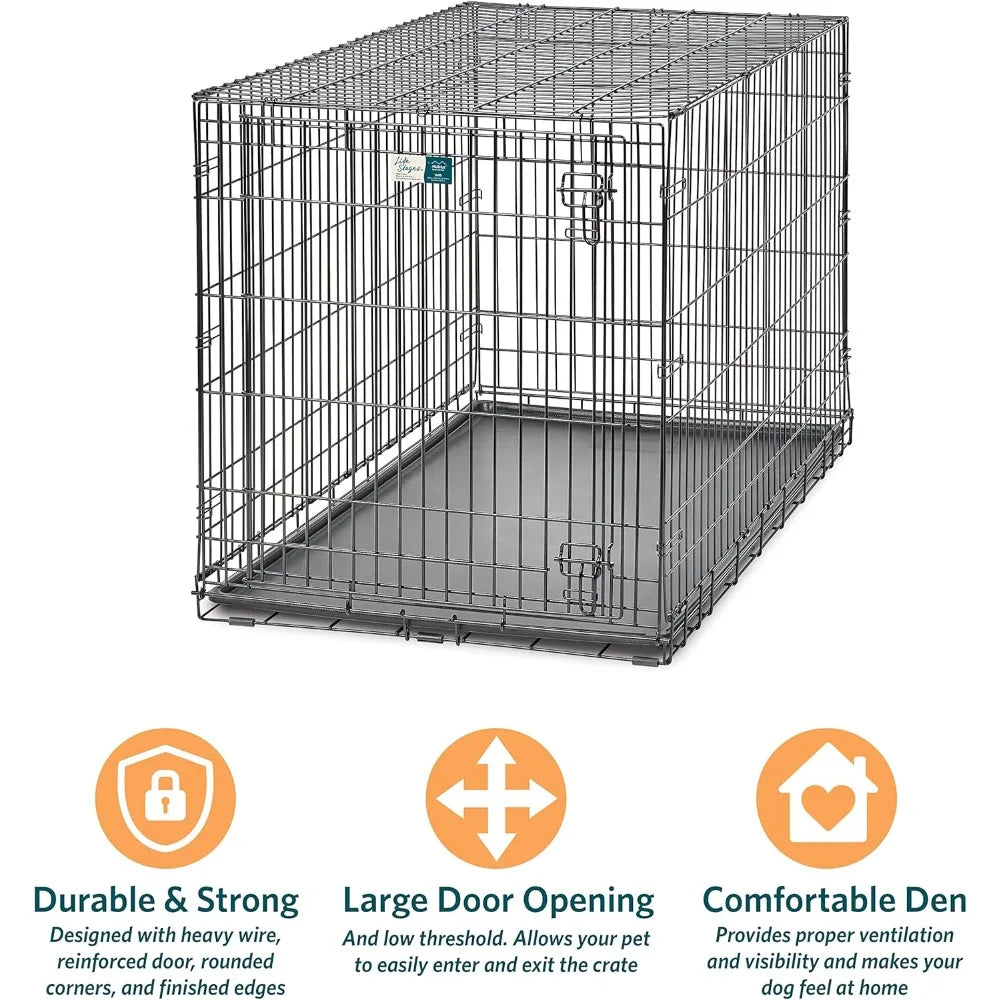 XL Dog Crate Folding Metal Crate Floor Protecting Feet Leak-Proof Pan