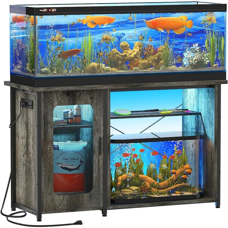 Fish Tank Stand with Power Outlets, Reversible Heavy Duty Metal Aquarium Stand with Cabinet