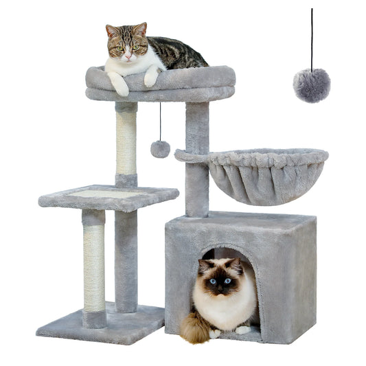 Cat Tower for Indoor Cats 2 Styles with Cat Scratching Posts Big Hammock and Removable Top Perch Grey