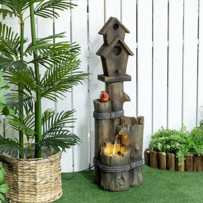 Outdoor Fountain with Birdhouse, Cascading Garden Waterfall Bird Bath with 3-Tier Rustic Tree Trunk / Log Design, LED Lights