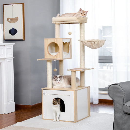 Cat Tree with Litter Box Enclosure Large Wood Cat Tower with Storage Cabinet