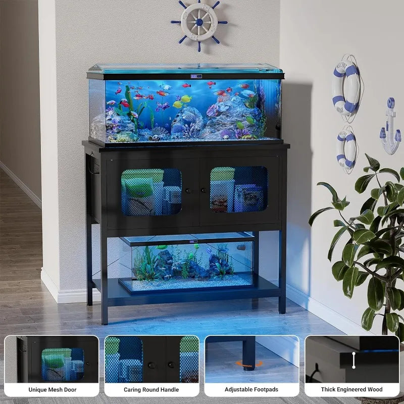 40 Gallon Fish Tank Stand with Magic Power Outlets and Smart LED Lights with Storage Cabinet