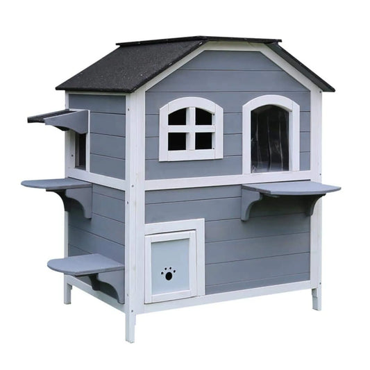 US Outdoor Cat House with 2-Levels, Waterproof Roof, Escape Doors and Ledge Seating