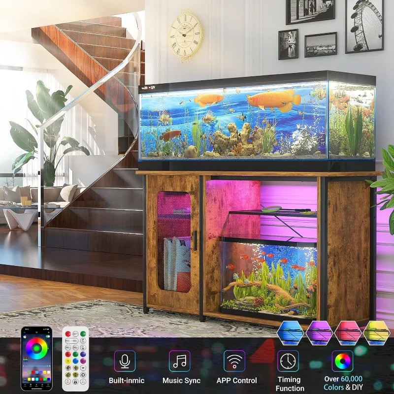 Fish Tank Stand with Power Outlets, Reversible Heavy Duty Metal Aquarium Stand with Cabinet