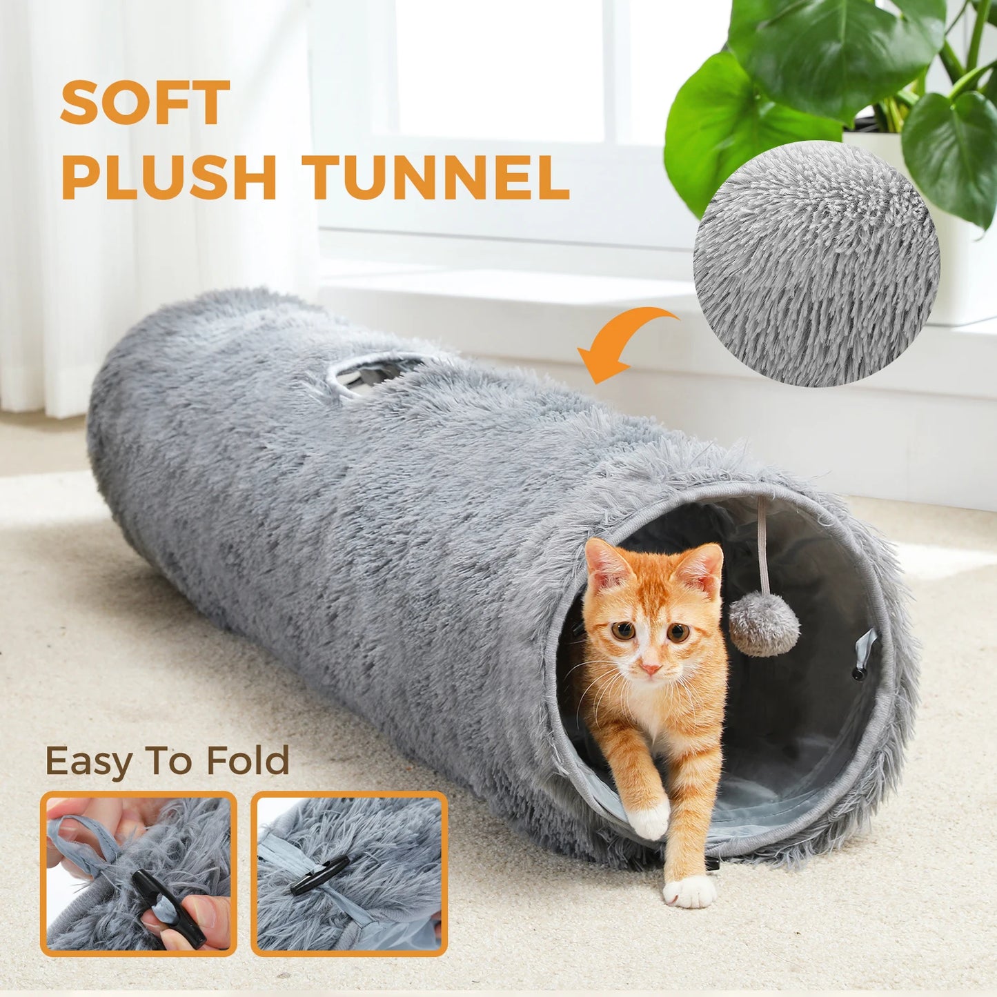 Large Cat Tunnel Collapsible Fluffy Plush Cat Toys for Indoor Cat