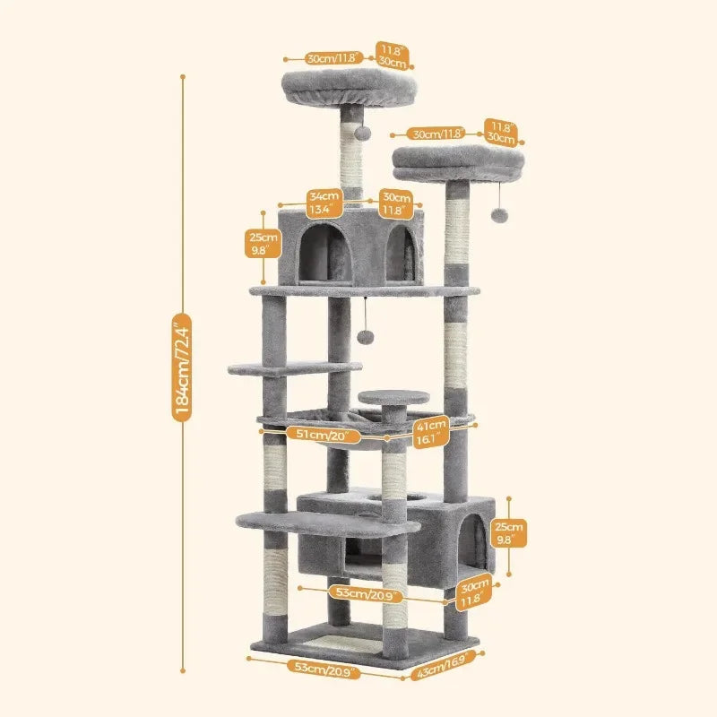 Large 72 Inch Cat Tree and Tower for Indoor Cats-With Sisal-Covered Scratching Posts Padded Perches Condos and Basket