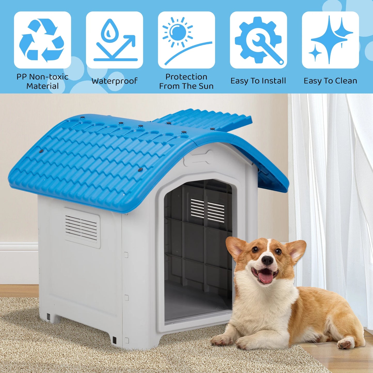 28 inch Raised Plastic Dog House Outdoor With Adjustable Sunroof and Elevated Base