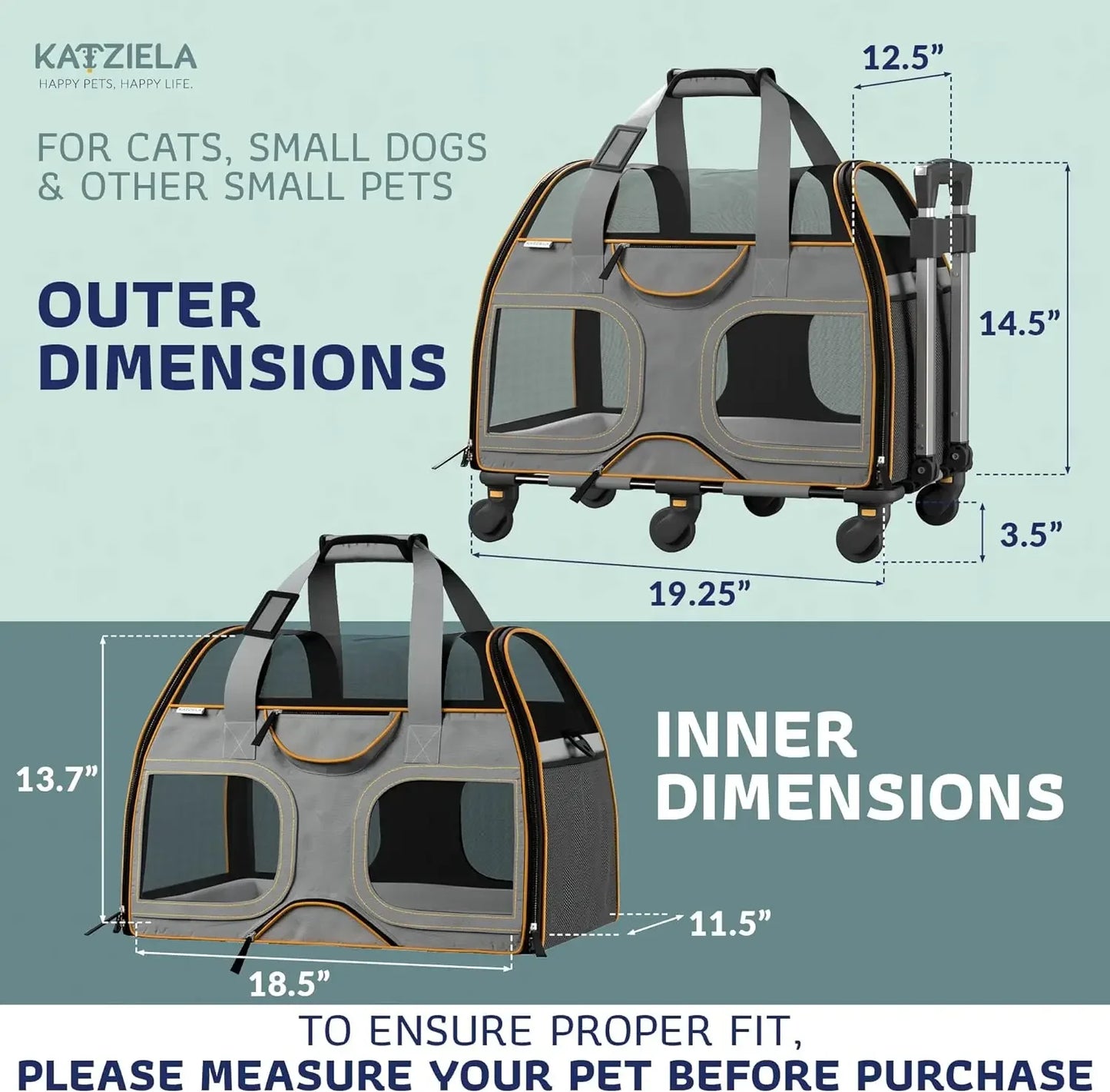 Rolling Pet Carrier - Airline Compliant with Removable Wheels - TSA Approved