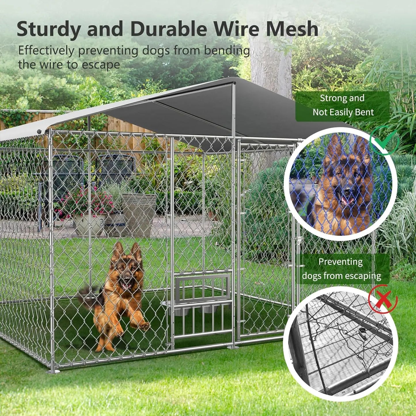 Dog Kennel Outdoor with Roof and Openable Feeding Doors Pen Enclosure Heavy Duty Chain Link