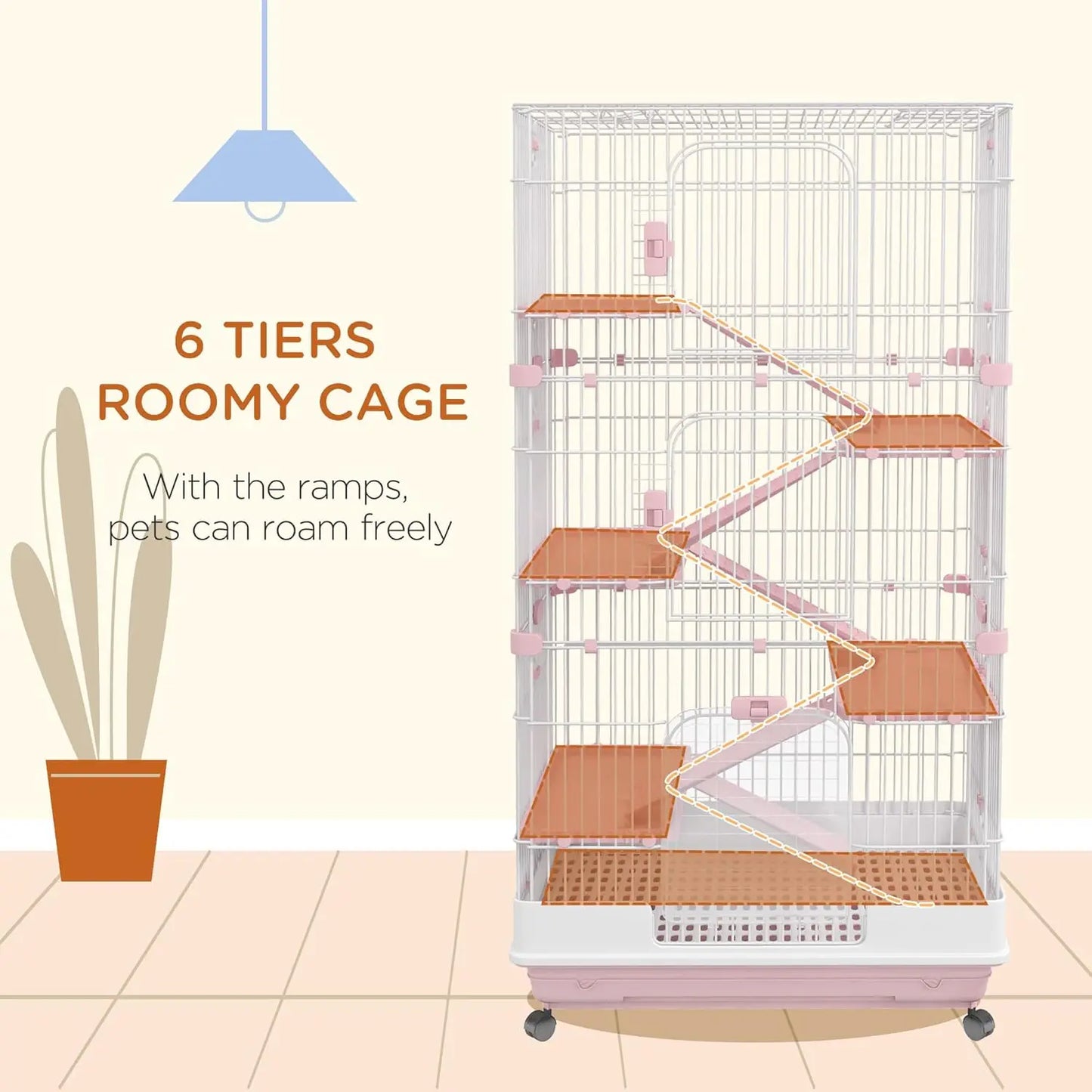 6-Level Small Animal Cage Rabbit Hutch with Wheels, Removable Tray