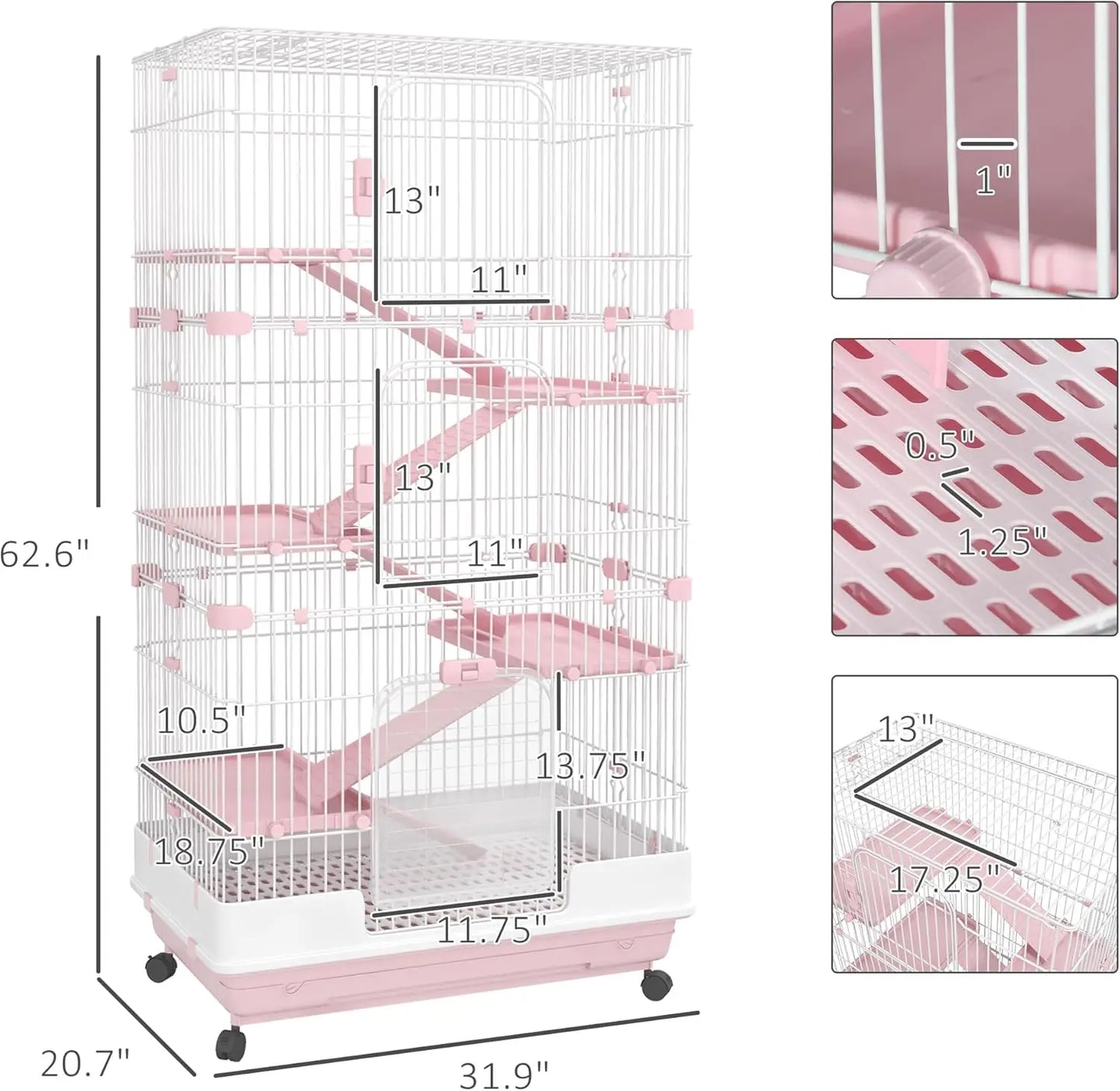 6-Level Small Animal Cage Rabbit Hutch with Wheels, Removable Tray