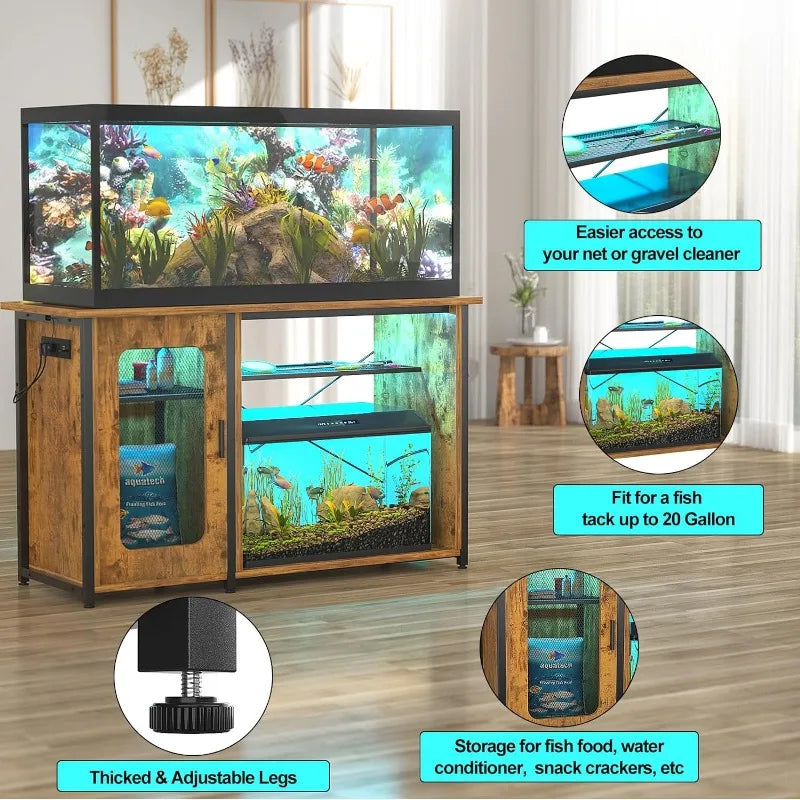 Fish Tank Stand with Power Outlets, Reversible Heavy Duty Metal Aquarium Stand with Cabinet