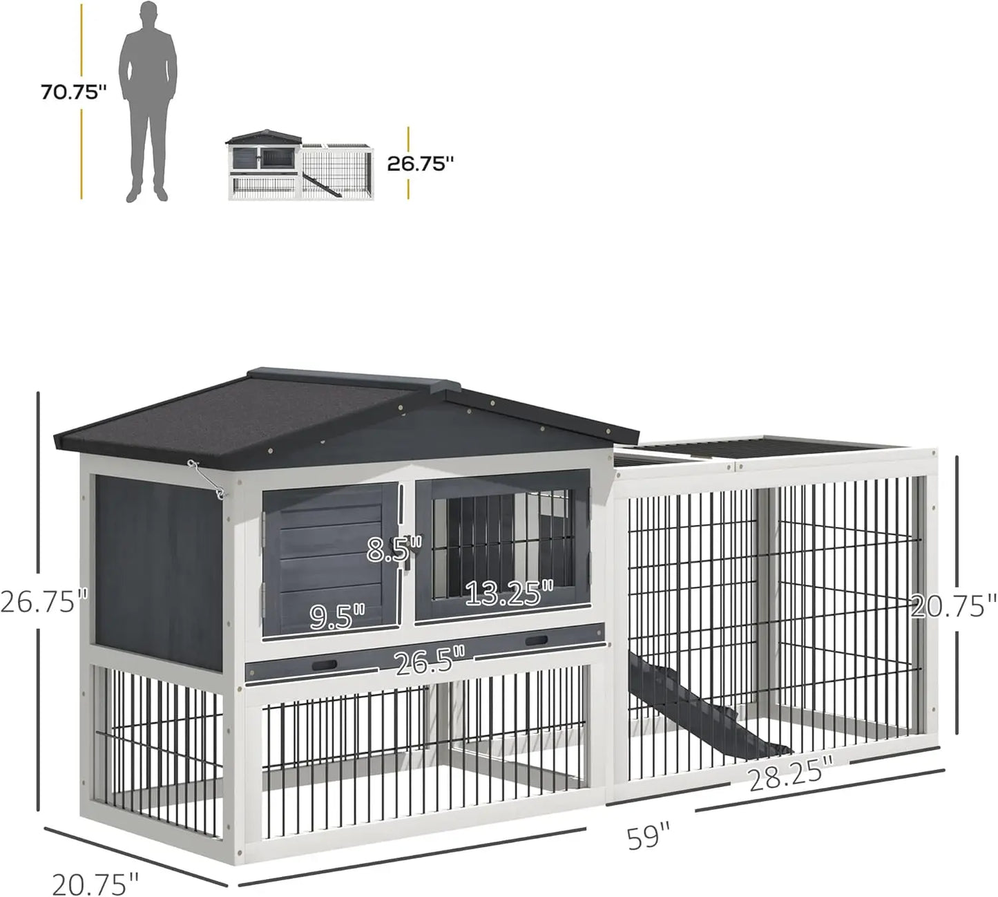 Rabbit Hutch, 2 Story Outdoor Bunny Cage with Slide-Out Tray