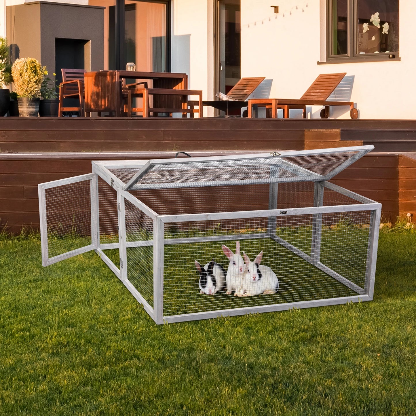 Folding Rabbit Hutch Outdoor Bunny Cage, Portable, Gray