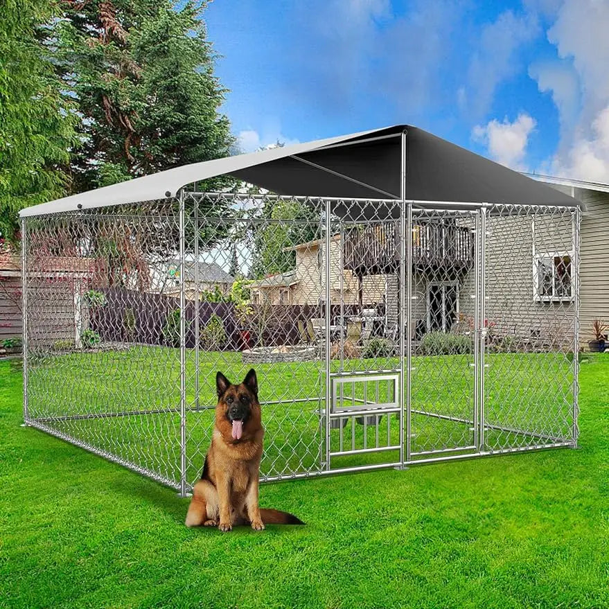 Dog Kennel Outdoor with Roof and Openable Feeding Doors Pen Enclosure Heavy Duty Chain Link