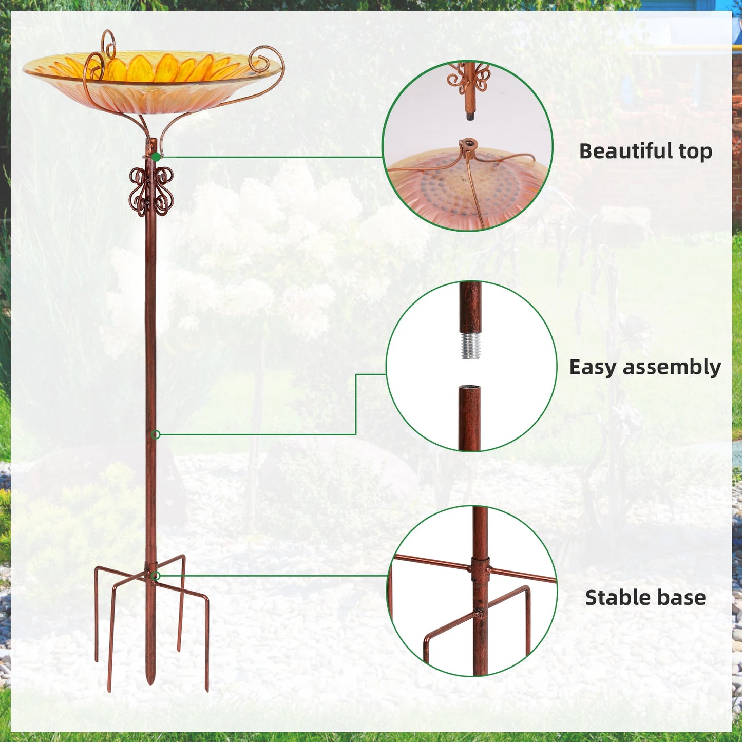 25 in Tall Yellow Glass Bird Bath Outdoor Birdbath Freestanding Bowl Birdfeeder Metal Stake