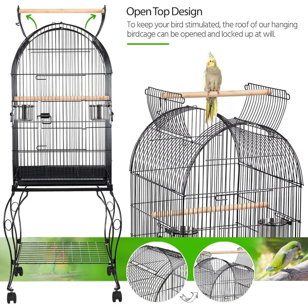 Rolling Standing Medium Dome Open Top Bird Cage for Parrots Cockatiels Parakeets