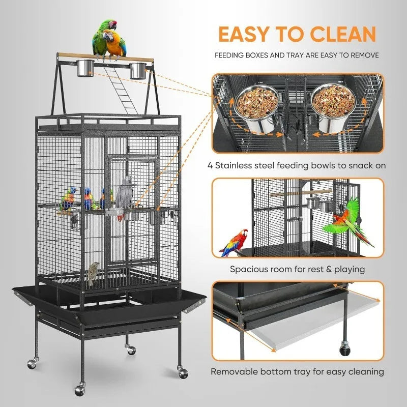 68-inch Large Bird Cage with Rolling Stand Parrot Chinchilla Finch Cage Cockatiel Cockatoo