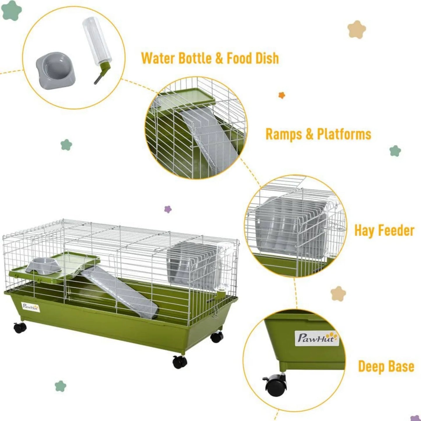 US Small Animal Cage Guinea Pig Hutch Ferret Pet House with Platform Ramp, Food Dish, Wheels, & Water Bottle