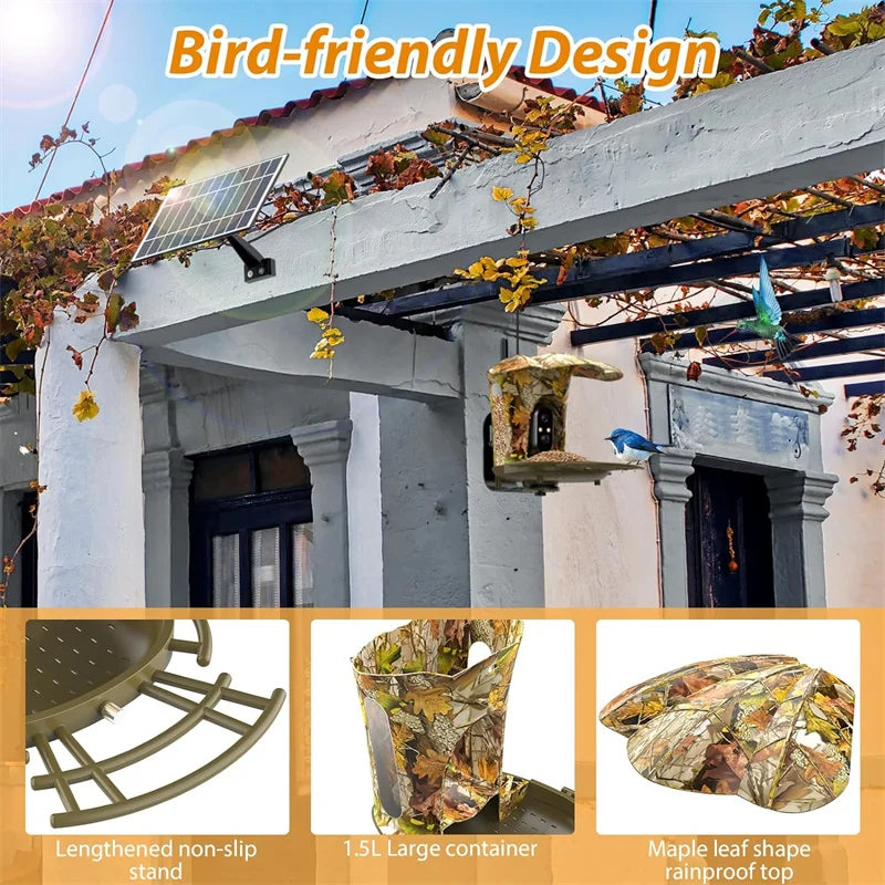 Smart Bird Feeder Camera Solar Powered Bird Watching Camera Wireless Outdoor 1080P HD 7W Solar Panel Bird Species