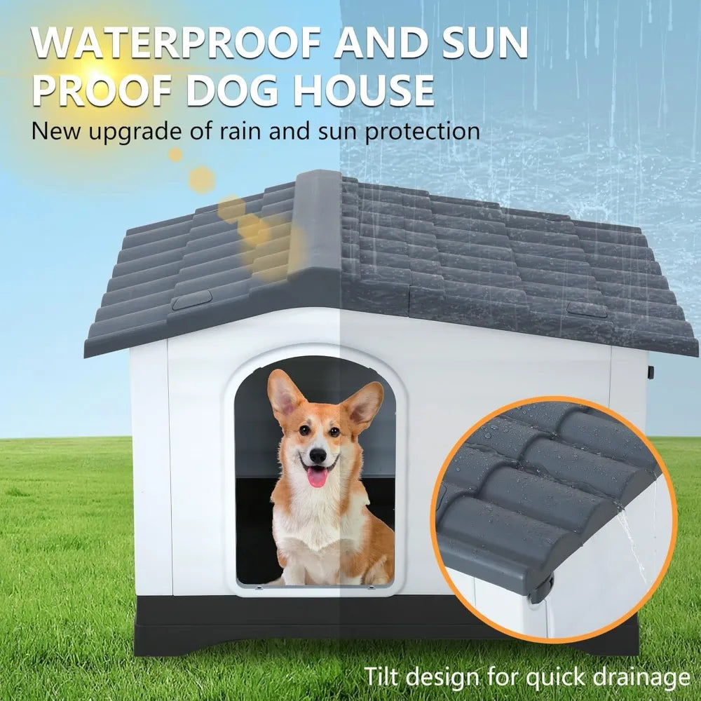 Durable Weatherproof Plastic Dog House with Air Vents and Elevated Floor Suitable for Indoor and Outdoor Use